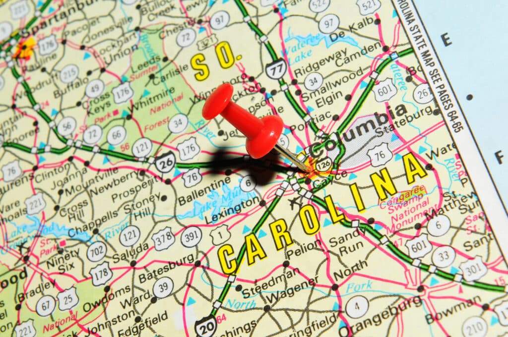 A map of South Carlina with a pin in it near Columbia and the Columbia SC hotels airport.