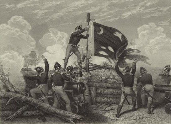 Sketch of the battle of Fort Sullivan where a flag similar to the state flag of South Carolina is being raised by a solider.