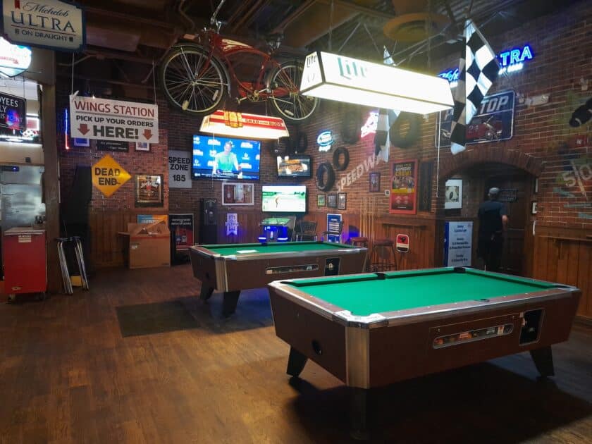 A pool table and decorations at the Carolina Ale House in Columbia, SC.