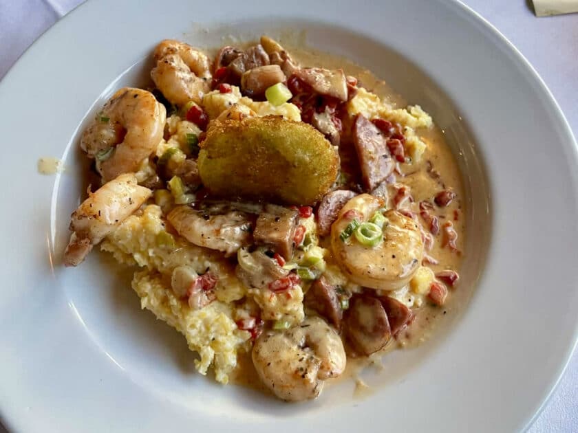 Photo of a bowl of shrimp and grits at Saluda's in Five Points.
